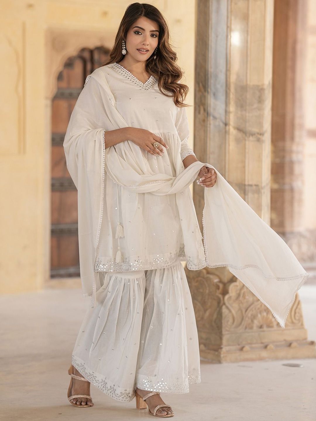 KALINI Geometric Embroidered Mirror Work Pure Cotton A-Line Kurta With Sharara & Dupatta