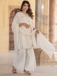 KALINI Geometric Embroidered Mirror Work Pure Cotton A-Line Kurta With Sharara & Dupatta