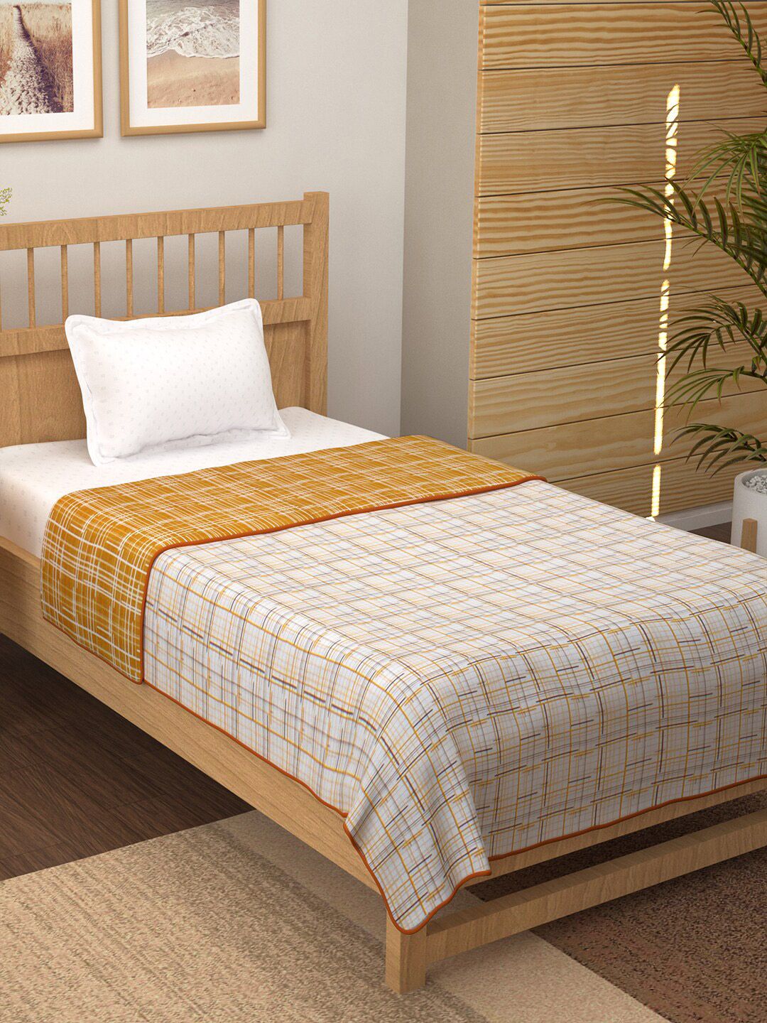 Story@home Yellow & White Checked AC Room 150 GSM Reversible Cotton Single Bed Dohar