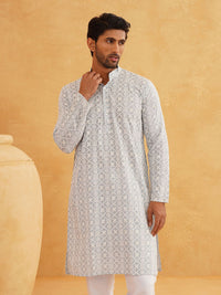 SOJANYA Ethnic Motifs Embroidered Band Collar Sequinned Pure Cotton Kurta With Churidar