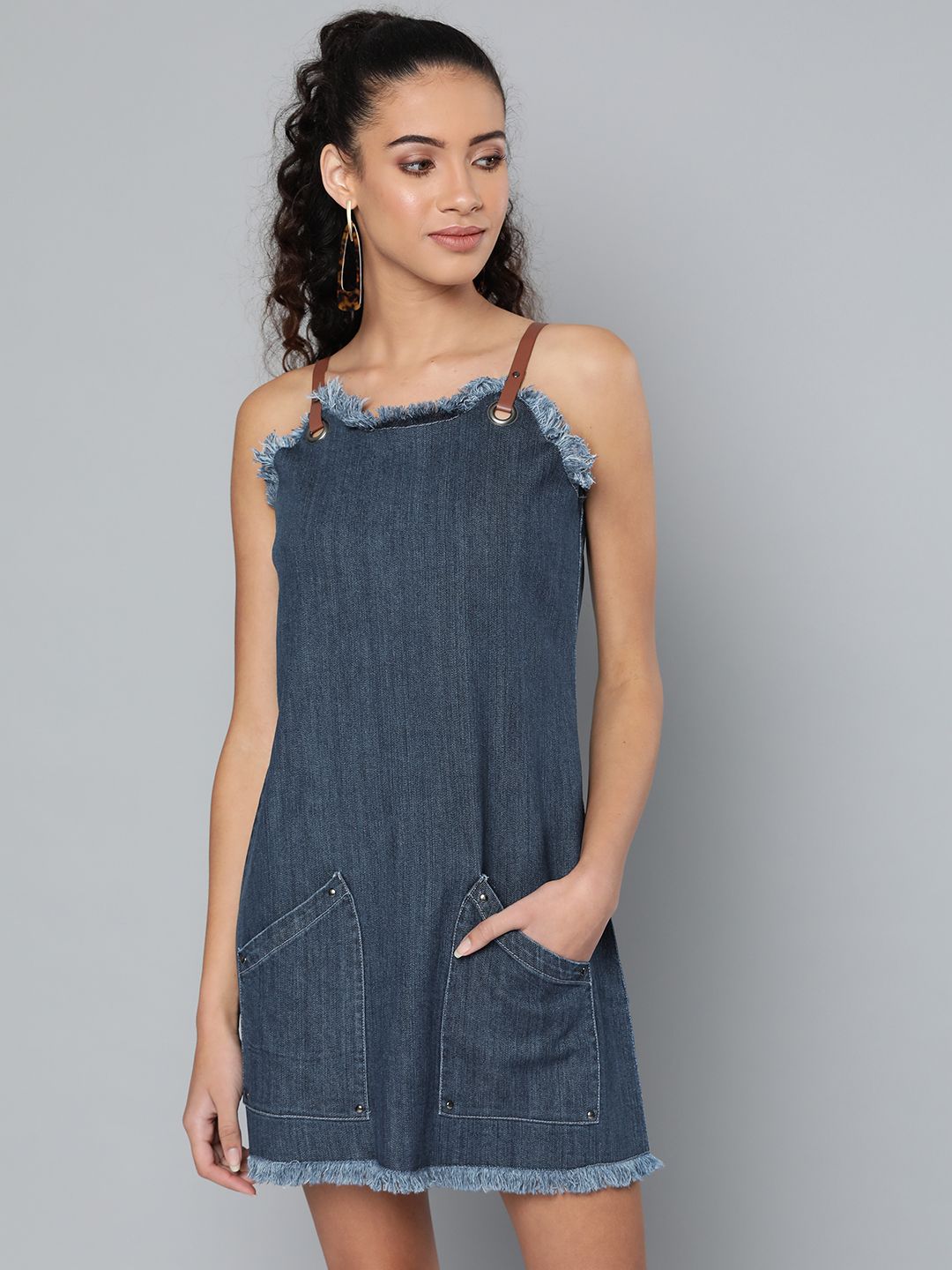 STREET 9 Women Navy Blue Denim A-Line Dress