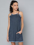 STREET 9 Women Navy Blue Denim A-Line Dress