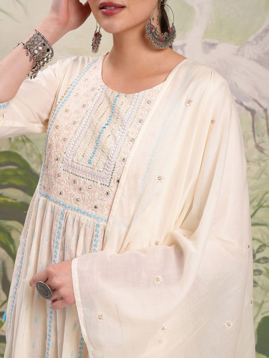 Vishudh Cream Coloured Embroidered Pure Cotton Anarkali Kurta With Trousers & Dupatta