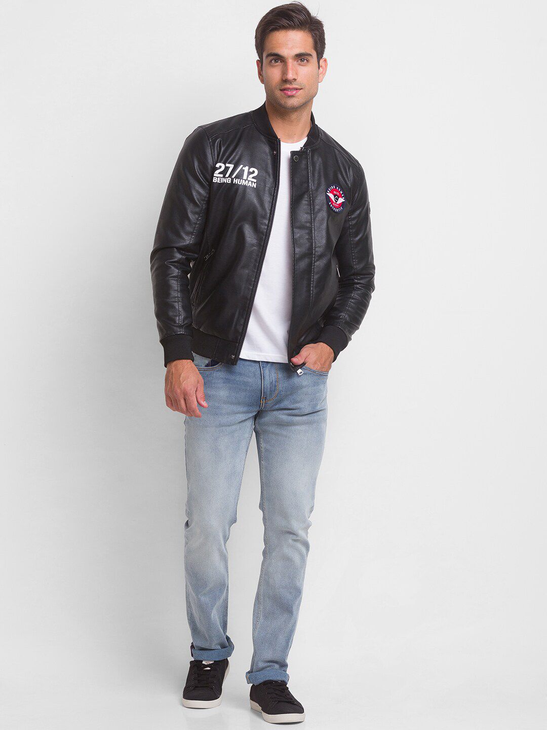 Being Human Stand Collar Biker with Patchwork Cotton Jacket