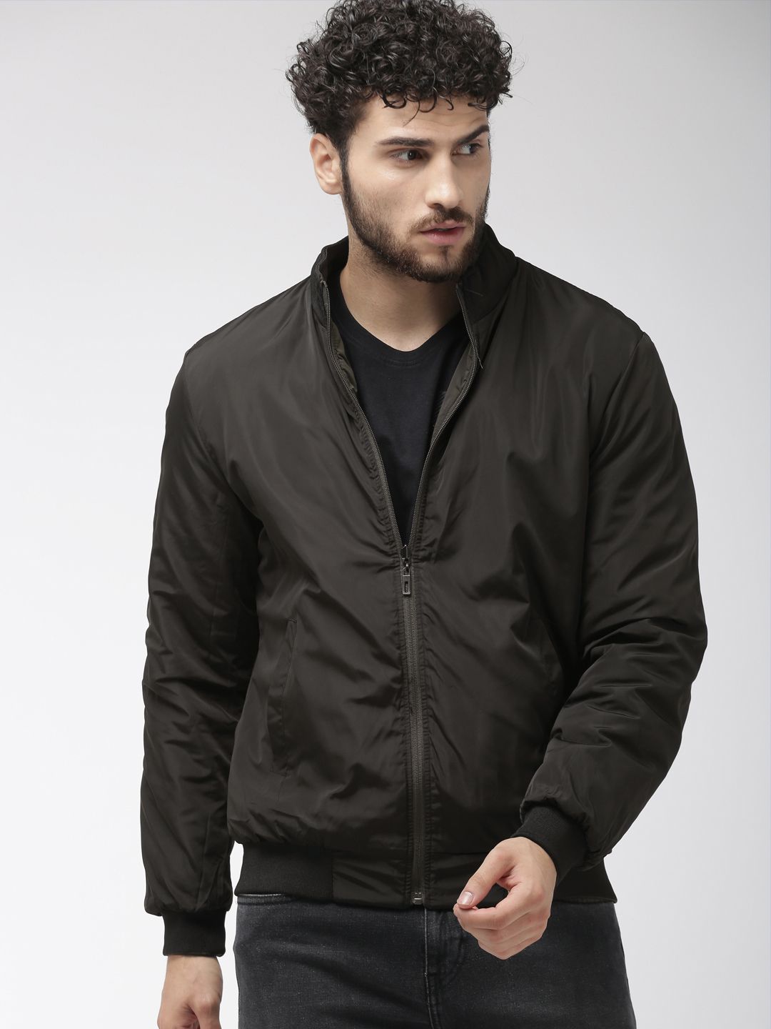 The Indian Garage Co Men Olive Green& Black Solid Reversible Bomber Jacket