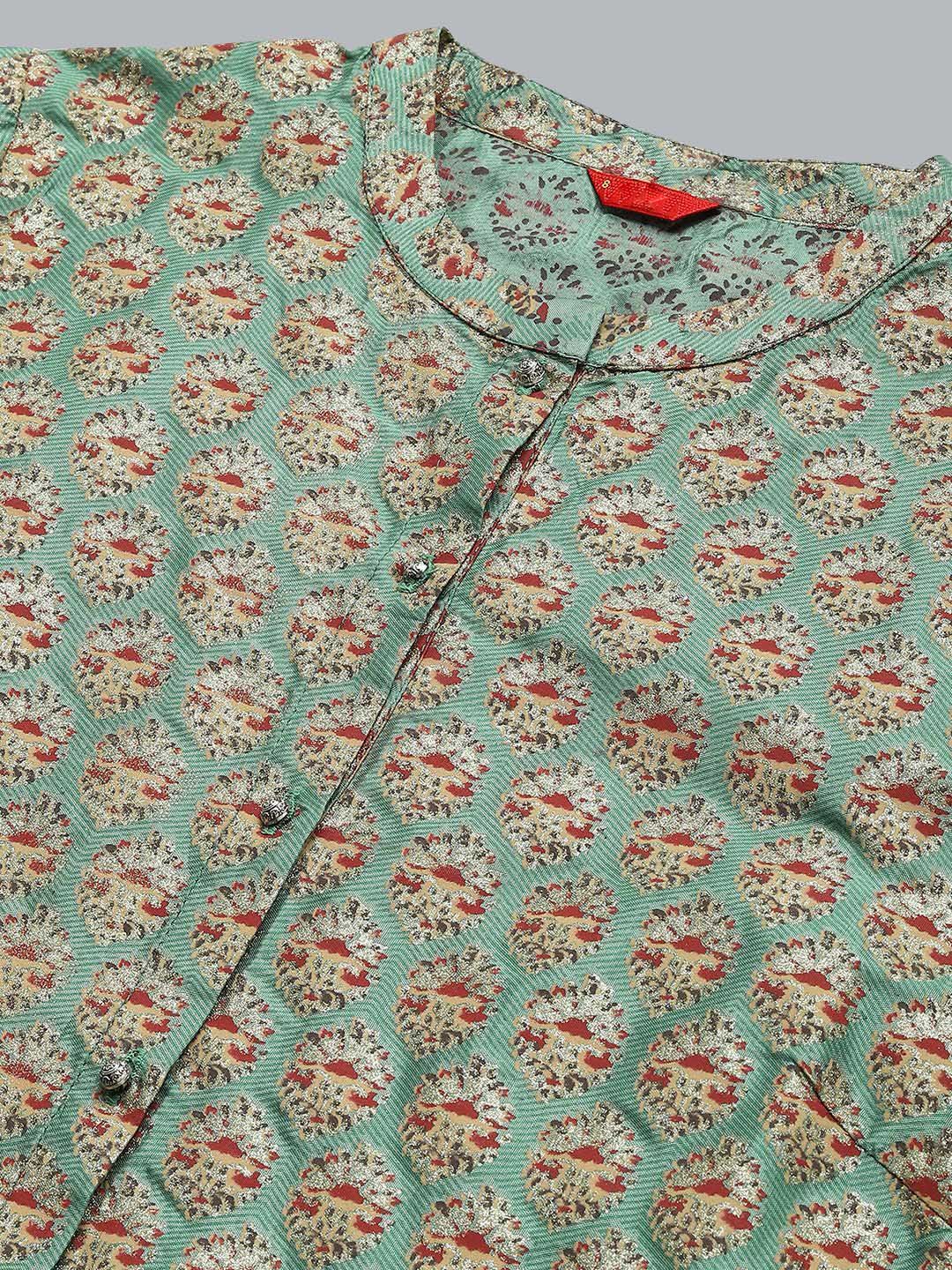W Floral Printed Mandarin Collar Roll-Up Sleeves Straight Kurta