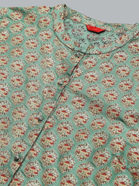 W Floral Printed Mandarin Collar Roll-Up Sleeves Straight Kurta
