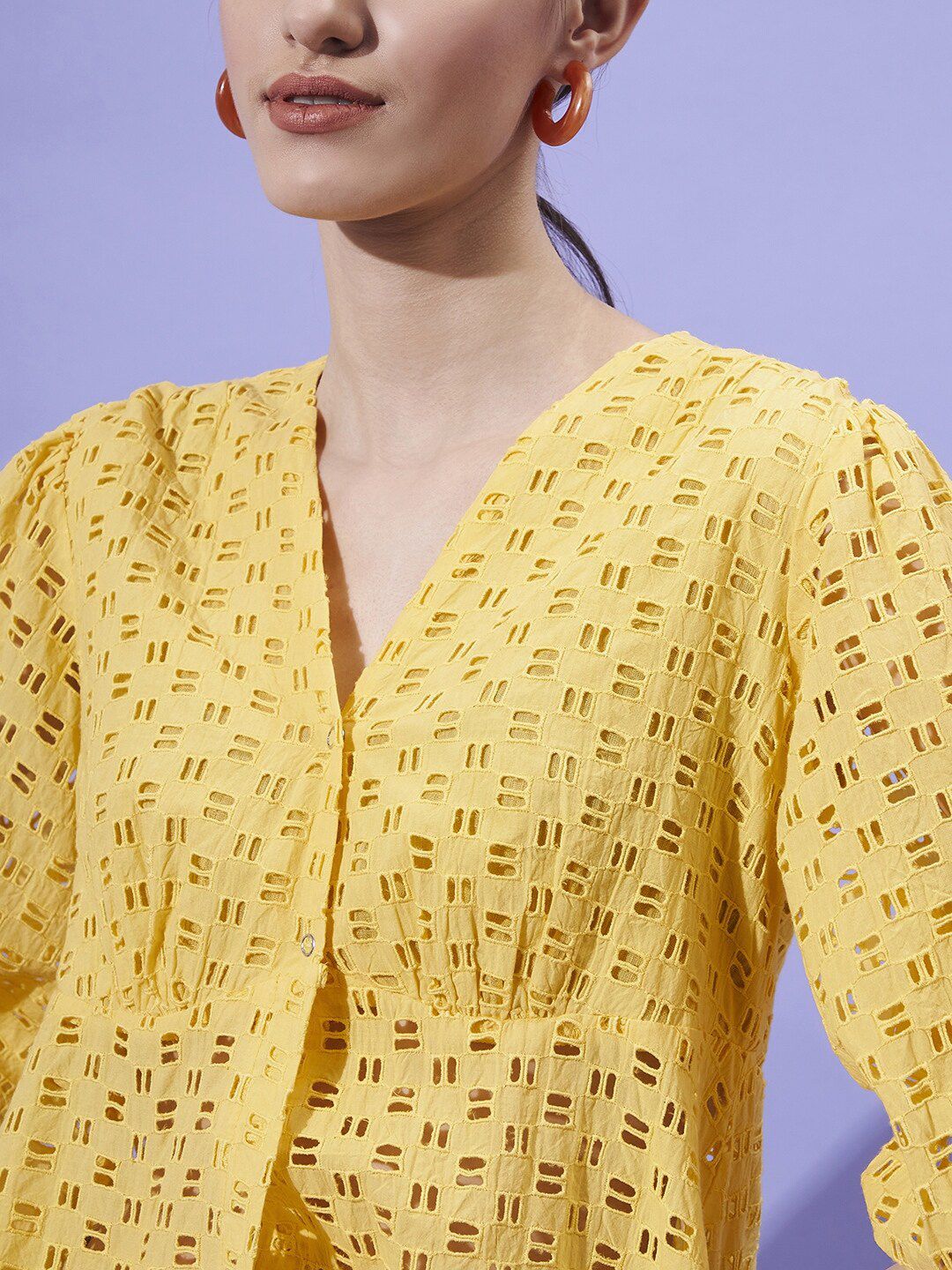 Athena Schiffli Self Design V-Neck Puff Sleeves Empire Top