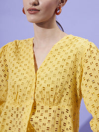 Athena Schiffli Self Design V-Neck Puff Sleeves Empire Top