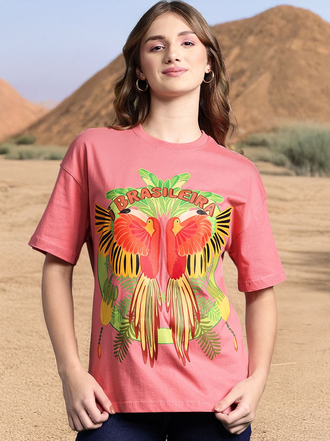 DressBerry Graphic Printed Drop-Shoulder Sleeves T-shirt
