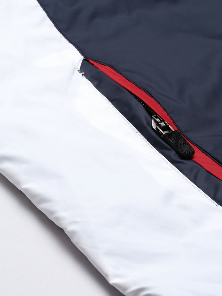 Campus Sutra Men Navy Blue & Red Colourblocked Windcheater Outdoor Biker Jacket