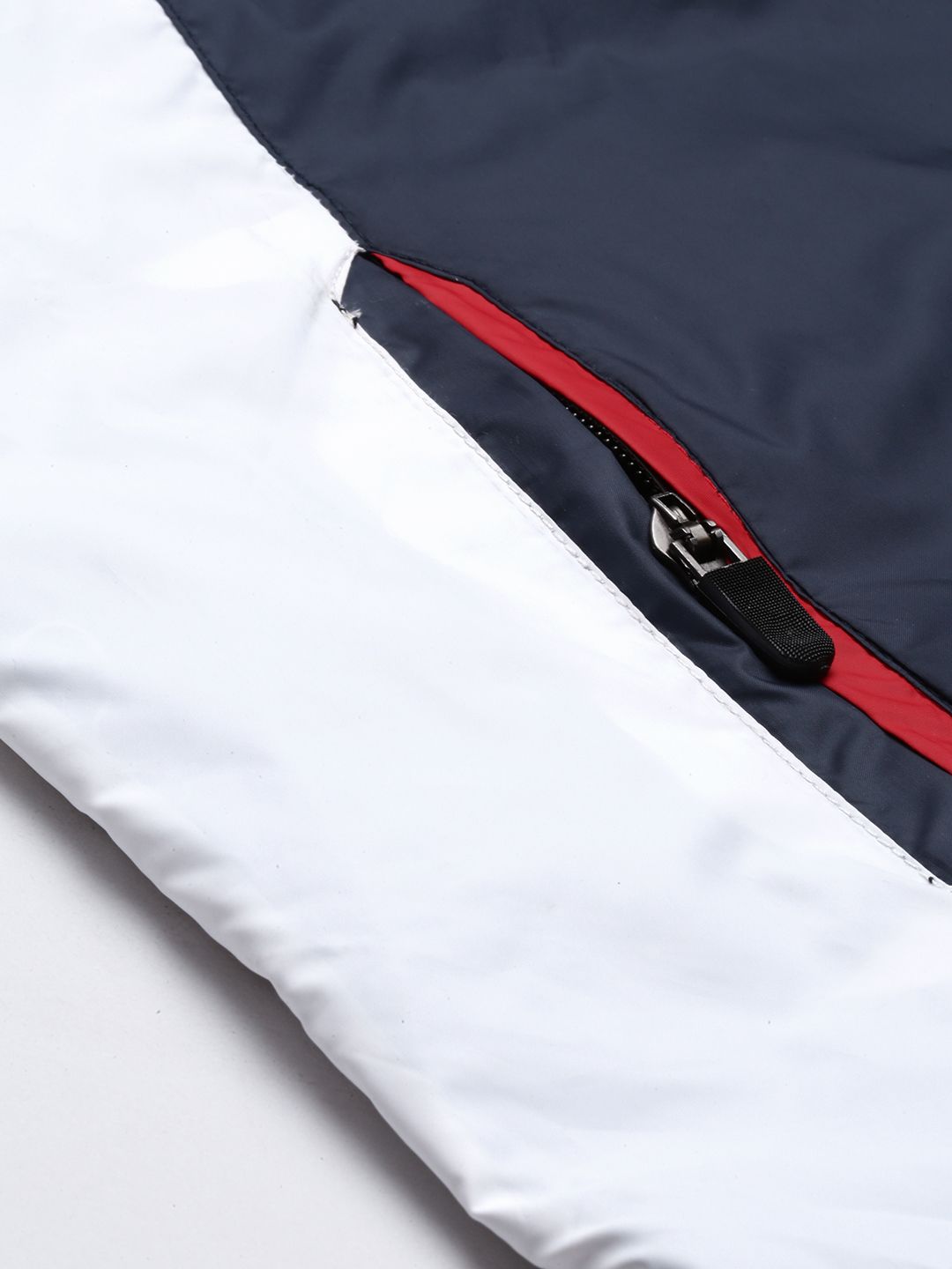 Campus Sutra Men Navy Blue & Red Colourblocked Windcheater Outdoor Biker Jacket