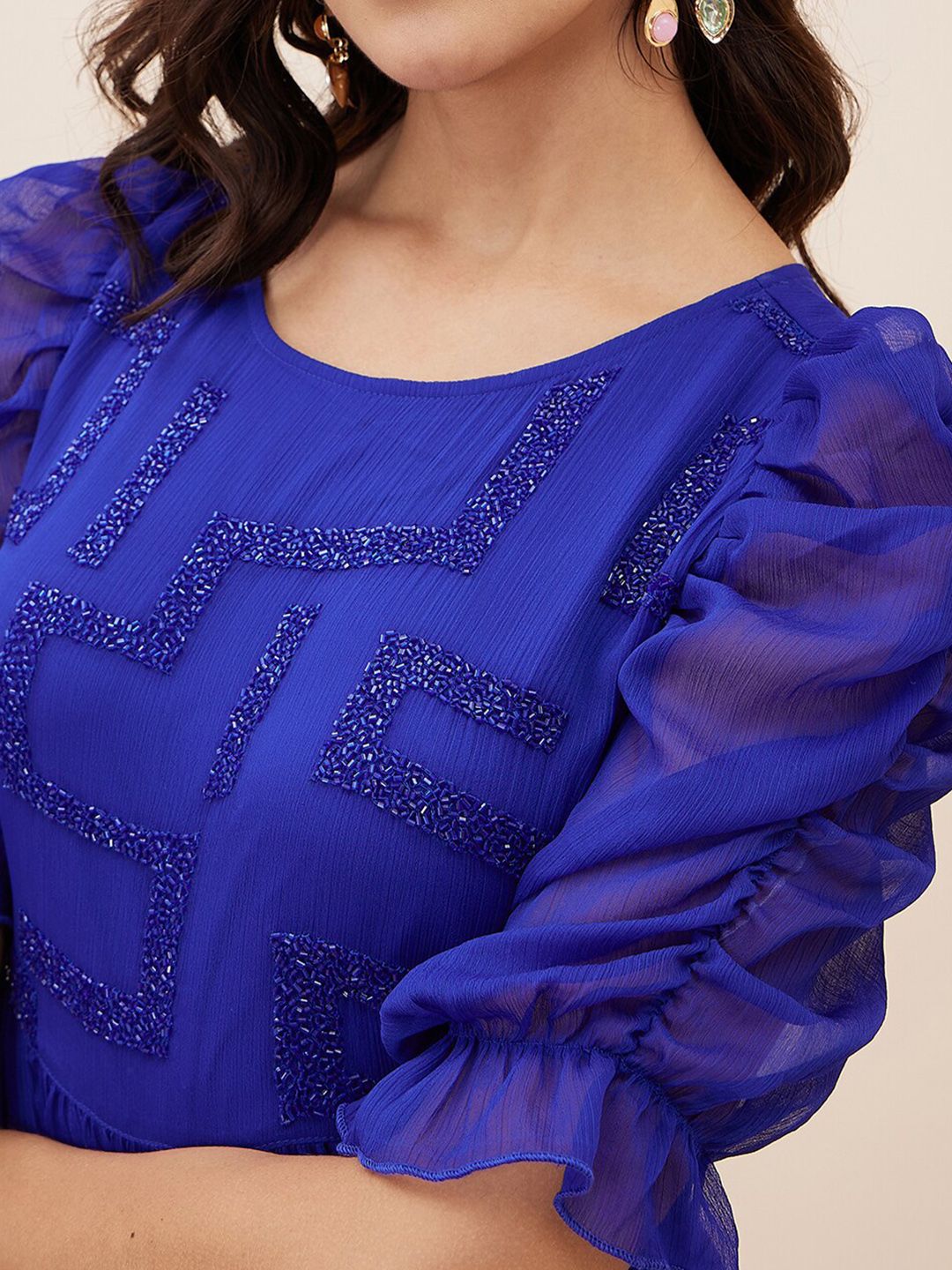 Antheaa Embellished Puff Sleeves Chiffon Fit and Flare Maxi Dress