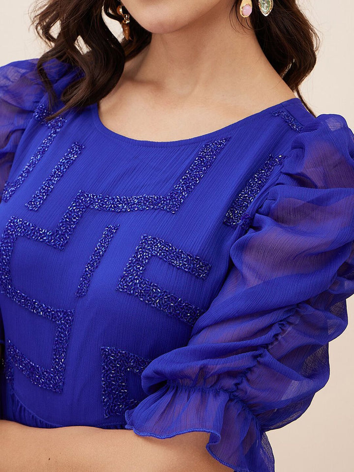 Antheaa Embellished Puff Sleeves Chiffon Fit and Flare Maxi Dress
