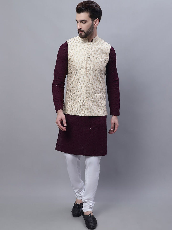 SOJANYA Ethnic Motifs Embroidered Pure Cotton Kurta With Pyjama & Nehru Jacket