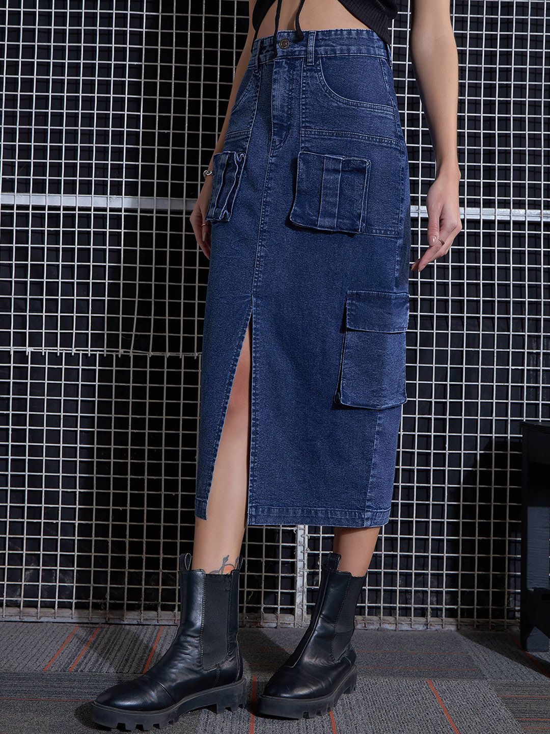 SASSAFRAS Blue Washed Cargo Pencil Midi Denim Skirt