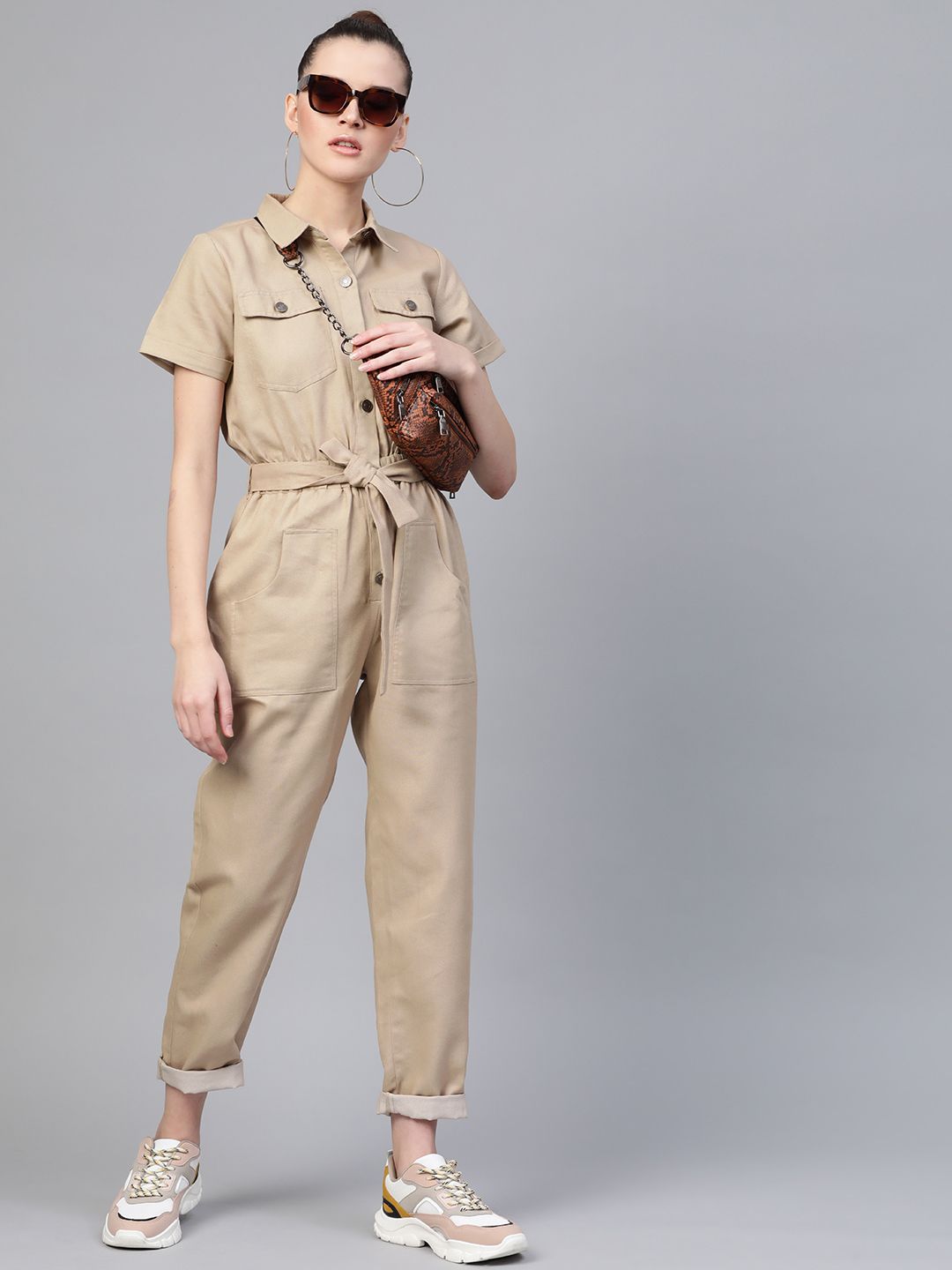 SASSAFRAS Women Beige Solid Twill Tapered Basic Jumpsuit