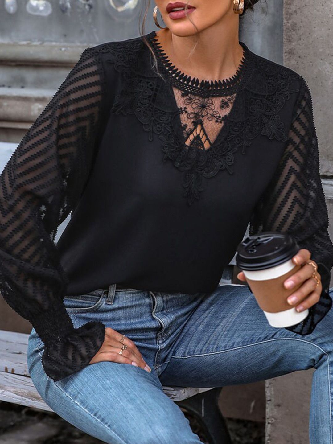 all about you Black Self Design Puff Sleeves Top
