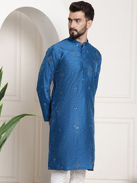 SOJANYA Embellished Mirror Work Detailed Band Collar Cotton Silk Kurta