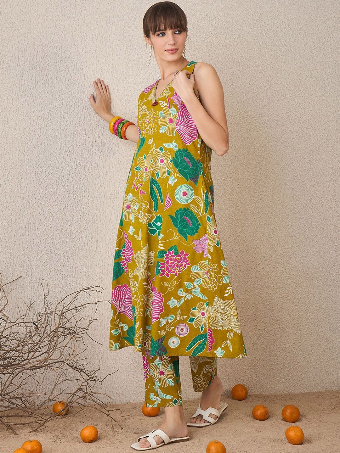 Indo Era Floral Printed V-Neck Pure Cotton A-Line Tunic With Trouser