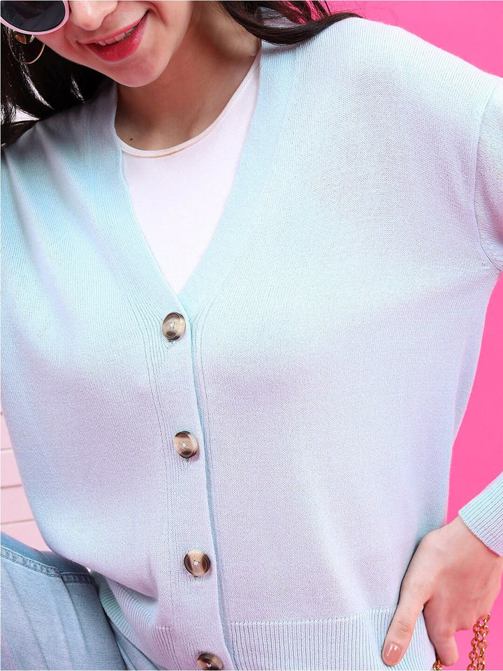 Tokyo Talkies Women Blue Solid Cardigan Sweater