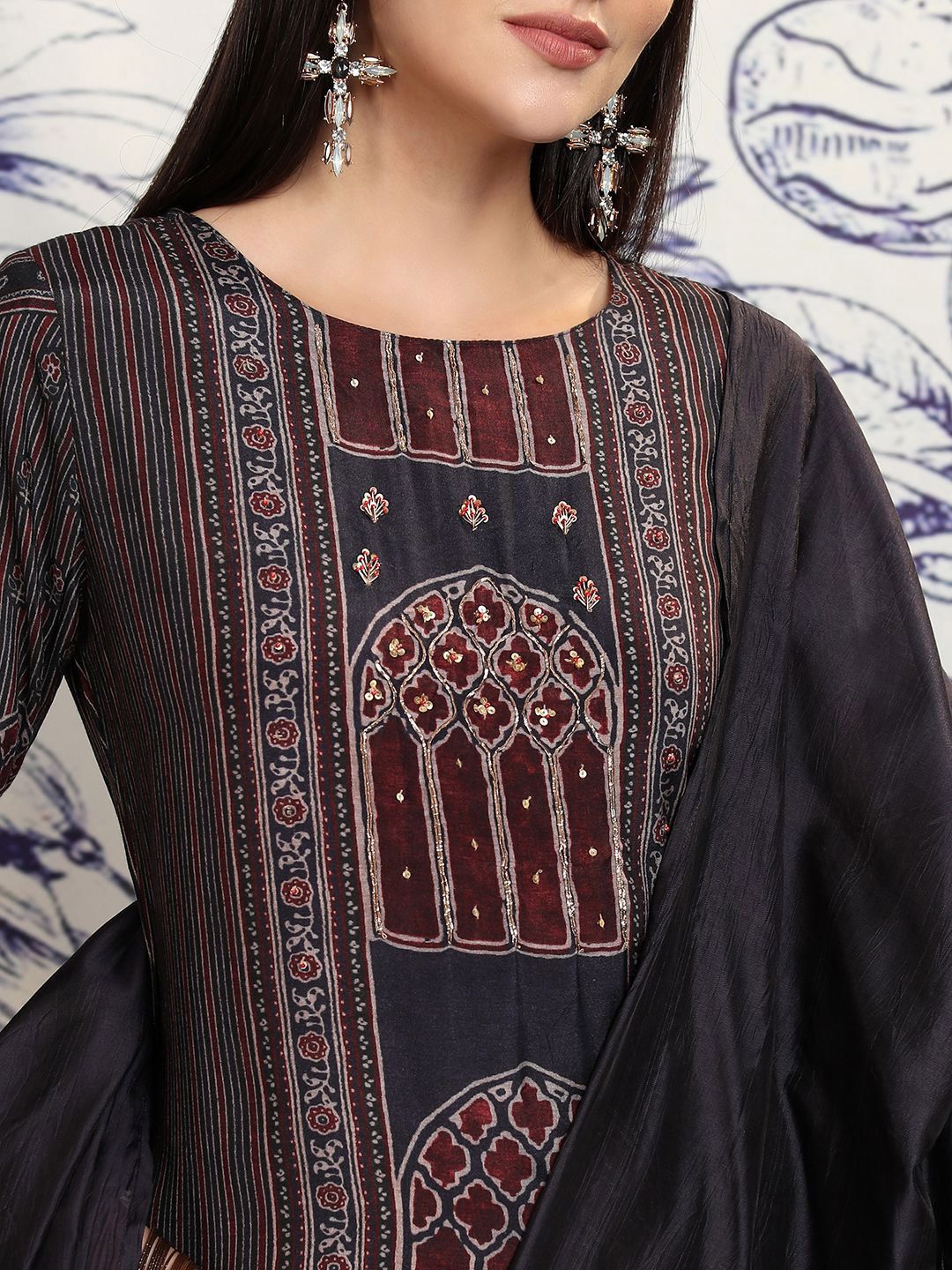 Vishudh Blue Ethnic Motifs Printed Regular Sequinned Straight Kurta Set