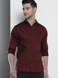 The Indian Garage Co Men Maroon & Black Solid Comfort Fit Cotton Applique Detail Shirt