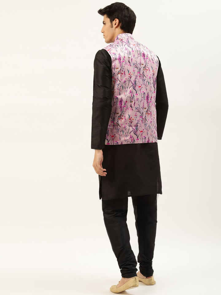 SOJANYA Men Black Solid Kurta with Churidar & Nehru Jacket