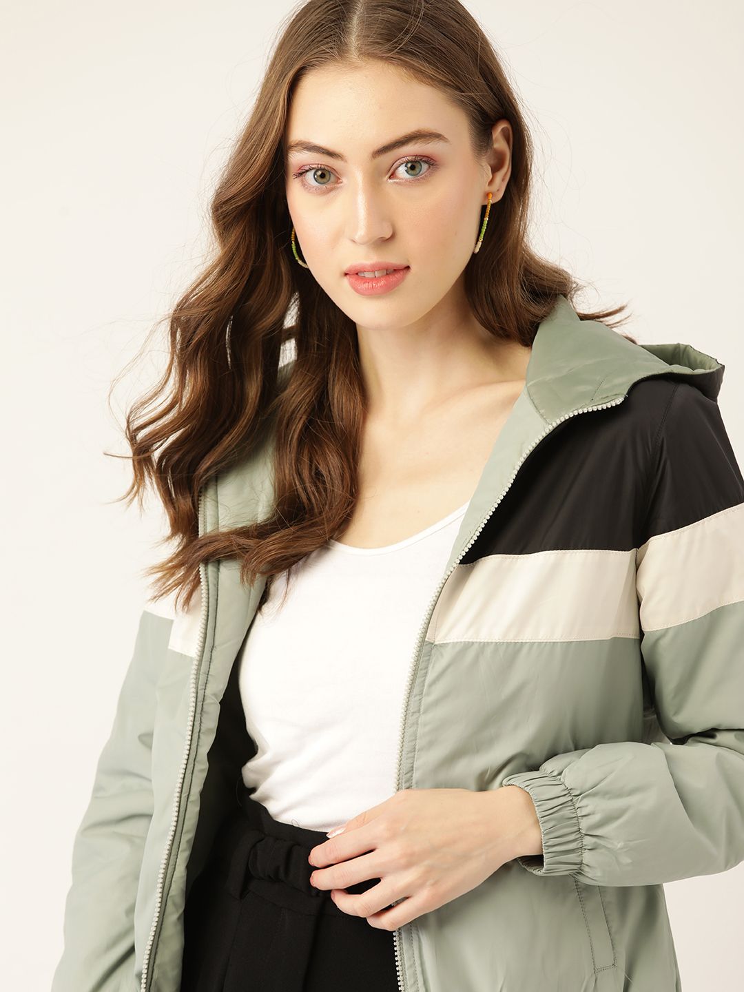 DressBerry Women Green & Black Colourblocked Hooded Bomber Jacket