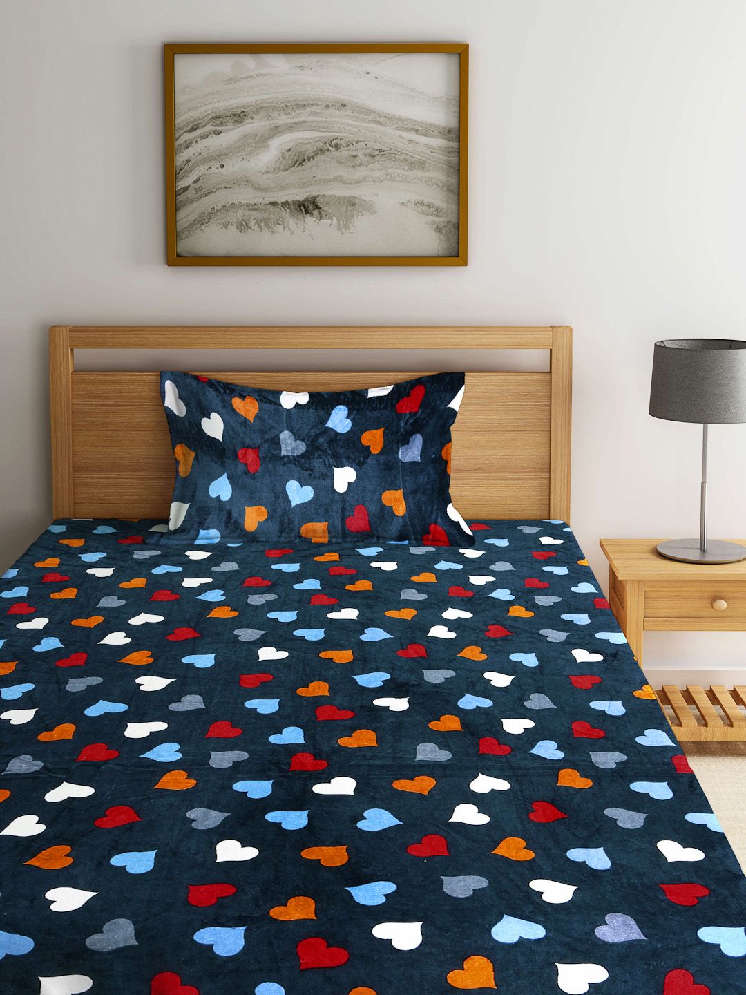 KLOTTHE Blue Printed 300 TC Woolen Single Bedsheet With Pillow Cover