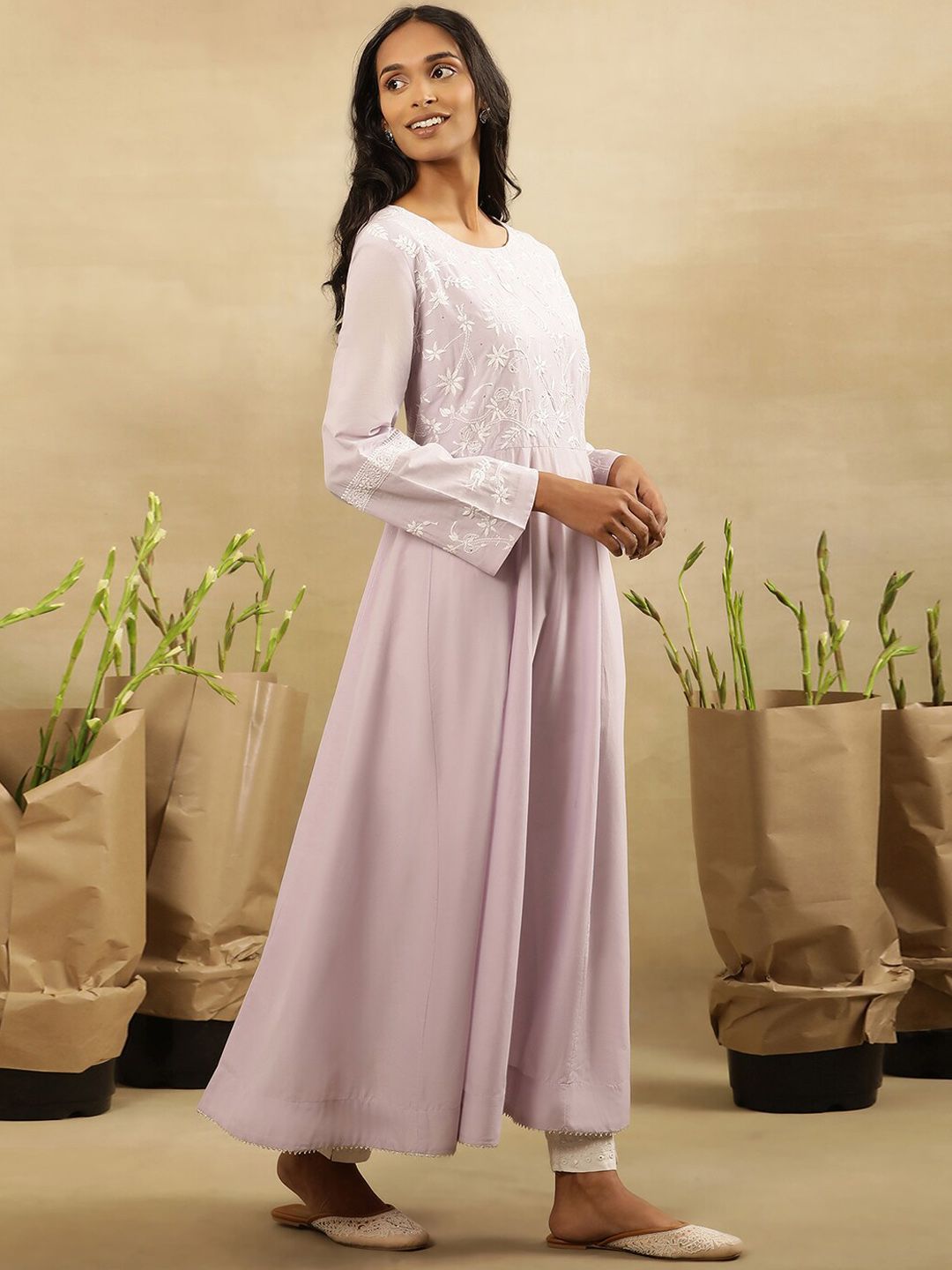 W Floral Yoke Design Thread Work Pastels Pure Cotton Anarkali Kurta