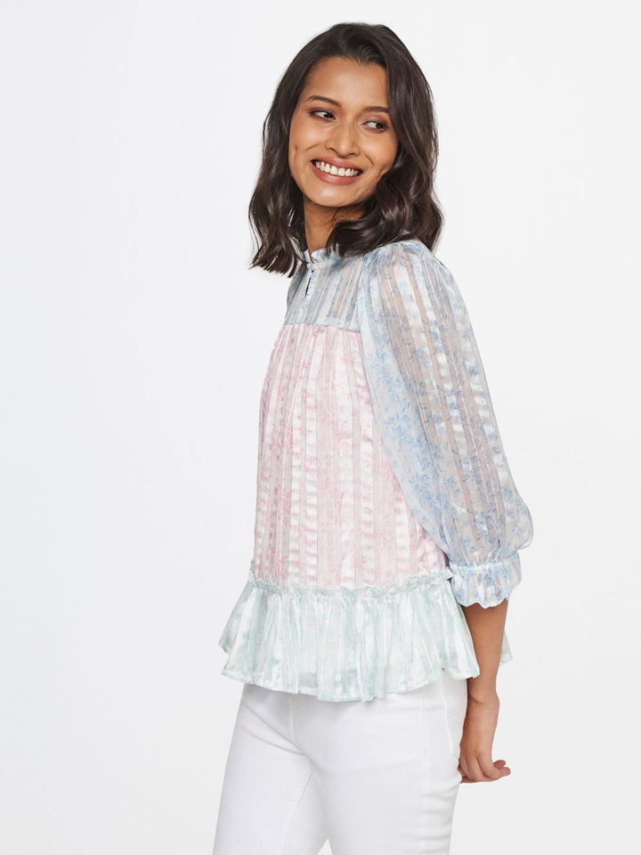 AND Floral Print Mandarin Collar Puff Sleeve Top