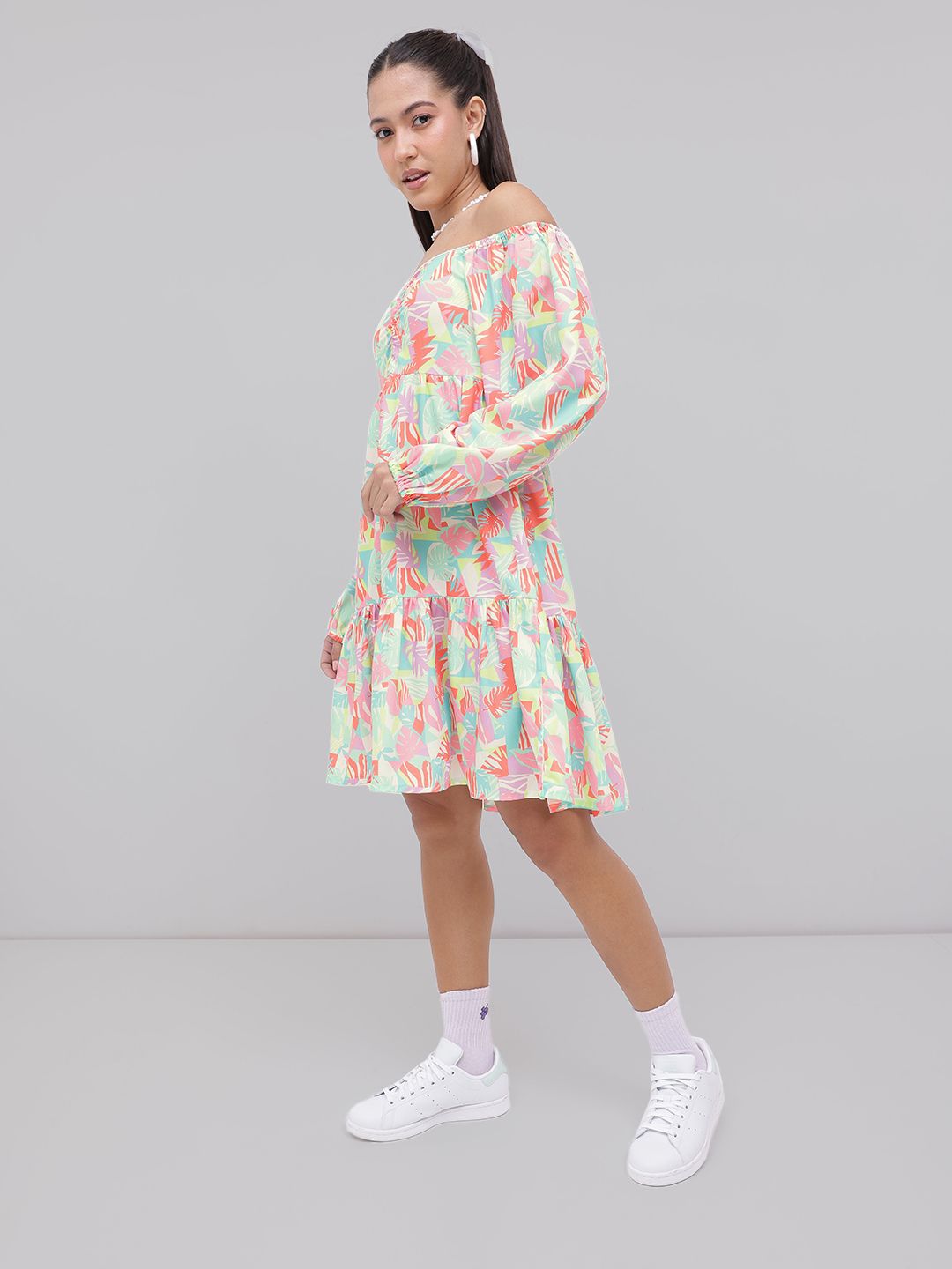 DressBerry Tropical Glam Printed Smocked Off-Shoulder A-line Dress