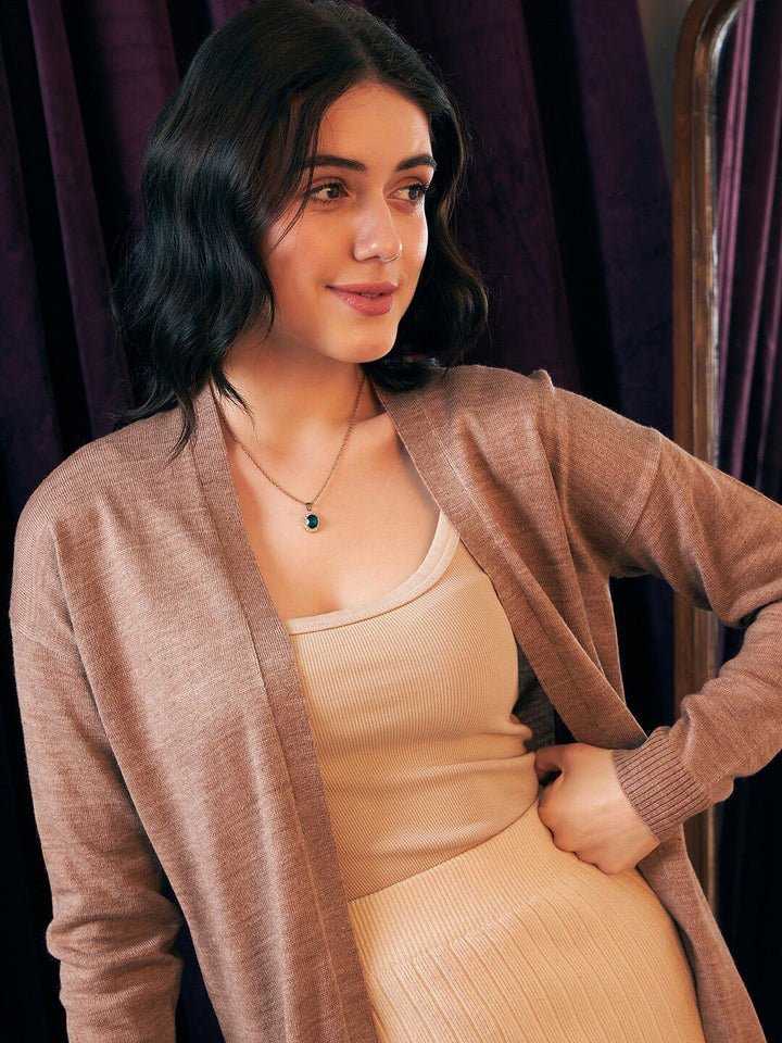 Berrylush Brown Collarless Acrylic Longline Front Open Cardigan Sweater