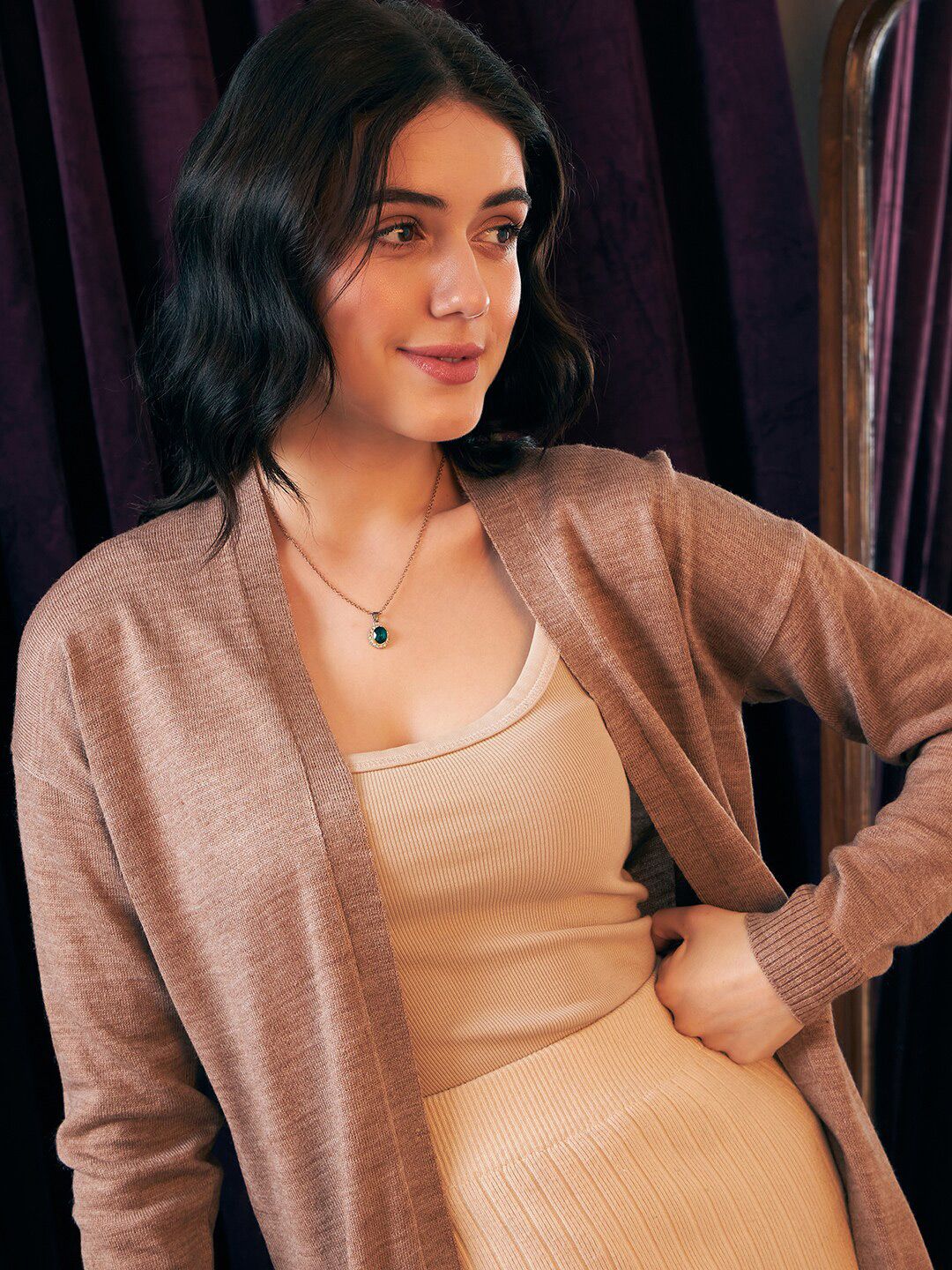Berrylush Brown Collarless Acrylic Longline Front Open Cardigan Sweater