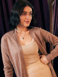 Berrylush Brown Collarless Acrylic Longline Front Open Cardigan Sweater