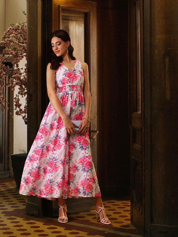 DressBerry Smocked Floral Print Maxi Dress