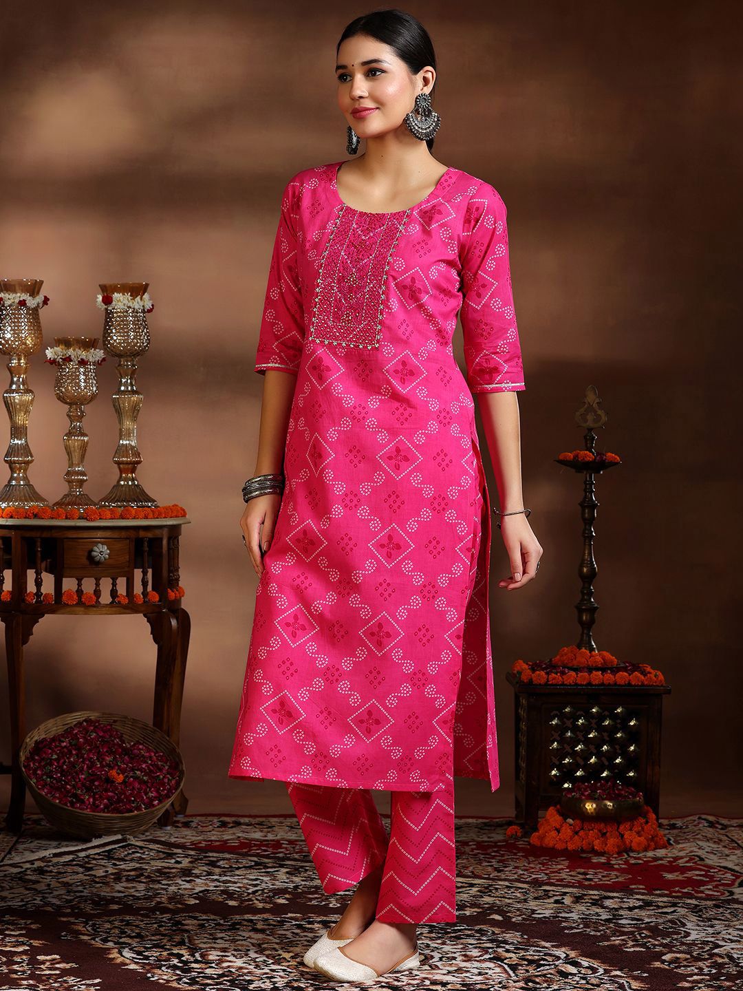 Libas Women Bandhani Dyed Round Neck Kurta with Trousers & Dupatta