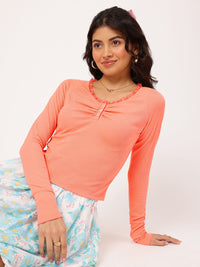 Peachy Crush Lacey Whispers Ruched Textured Fitted Top