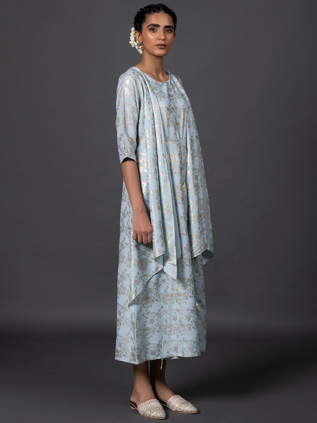 W Women Blue & Gold-Toned Printed Basic Layered Jumpsuit