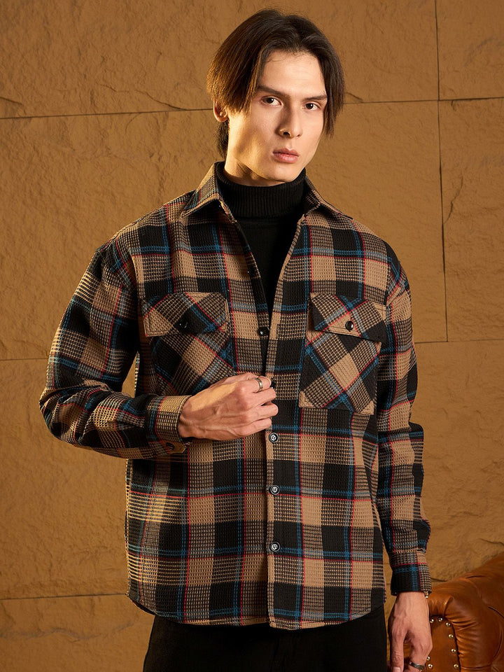 DENNISON Men Double Pocket Drop Shoulder Oversized Cotton Checked Shacket