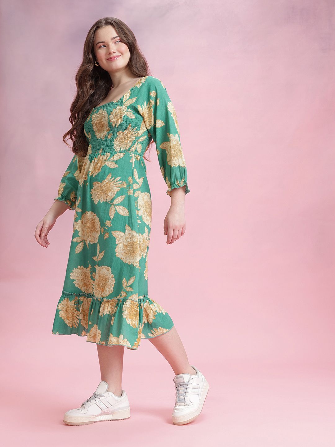 DressBerry Floral Print Puff Sleeve Fit & Flare Dress
