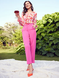 STREET 9 Pink Abstract Printed V-Neck Ruffles Top