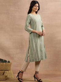 W Green Striped Round Neck Straight Kurta