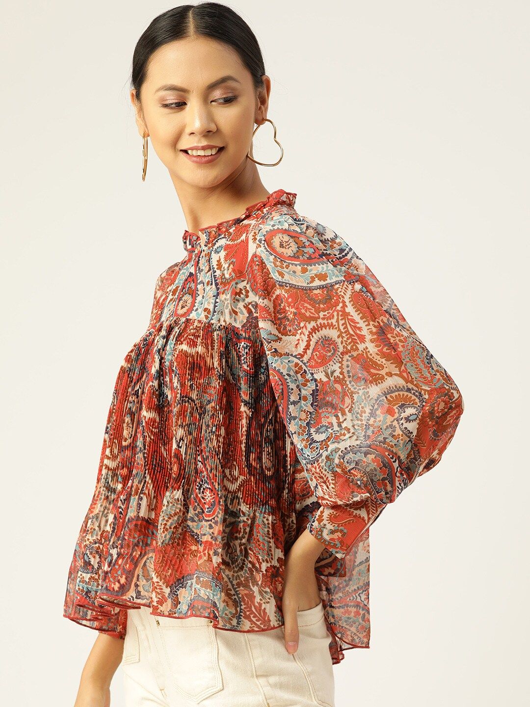 Antheaa Women Rust & Navy Blue Ethnic Motif Print Chiffon Cuffed Sleeves Top