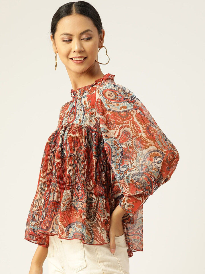 Antheaa Women Rust & Navy Blue Ethnic Motif Print Chiffon Cuffed Sleeves Top