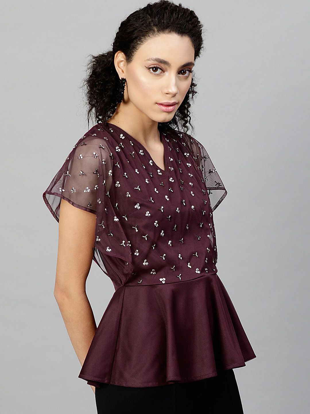STREET 9 Burgundy Embellished Net Peplum Top