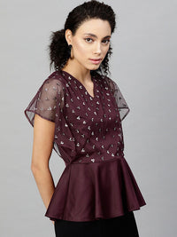 STREET 9 Burgundy Embellished Net Peplum Top