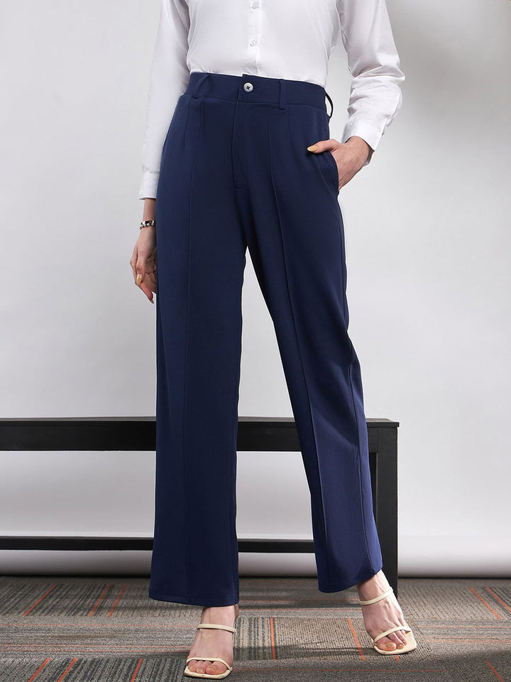 SASSAFRAS Women Navy Blue Straight Fit High-Rise Pleated Bootcut Trousers