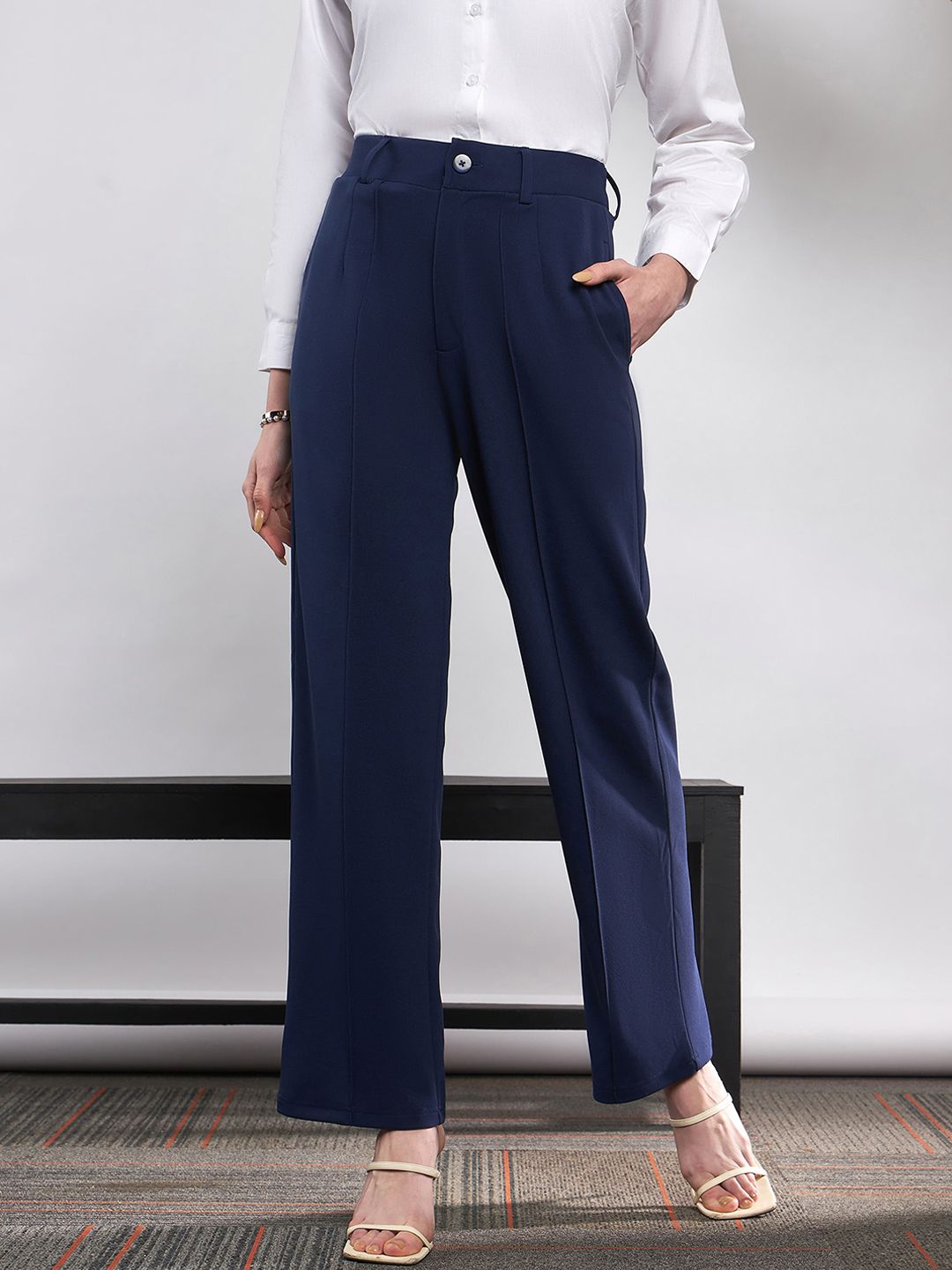 SASSAFRAS Women Navy Blue Straight Fit High-Rise Pleated Bootcut Trousers